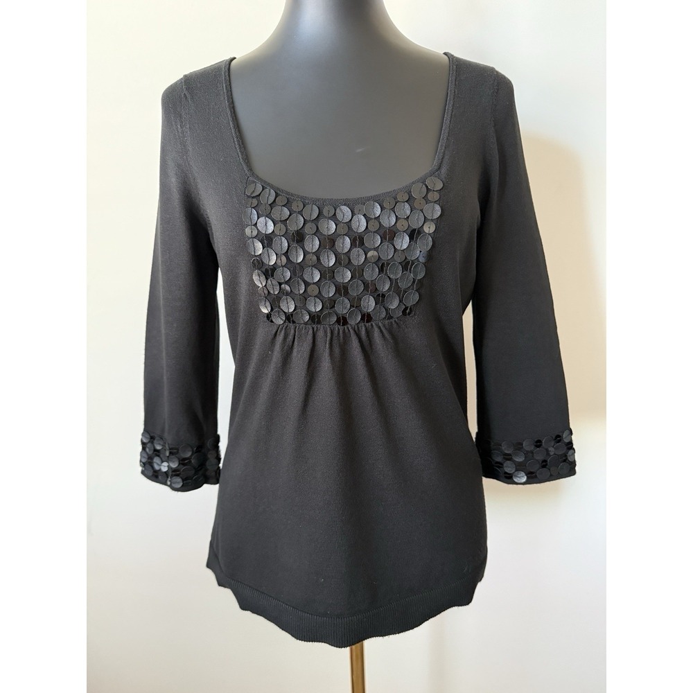 Ann Taylor Women's M Black Scoop Neck Top Sequin Embellishments 3/4 Sleeve